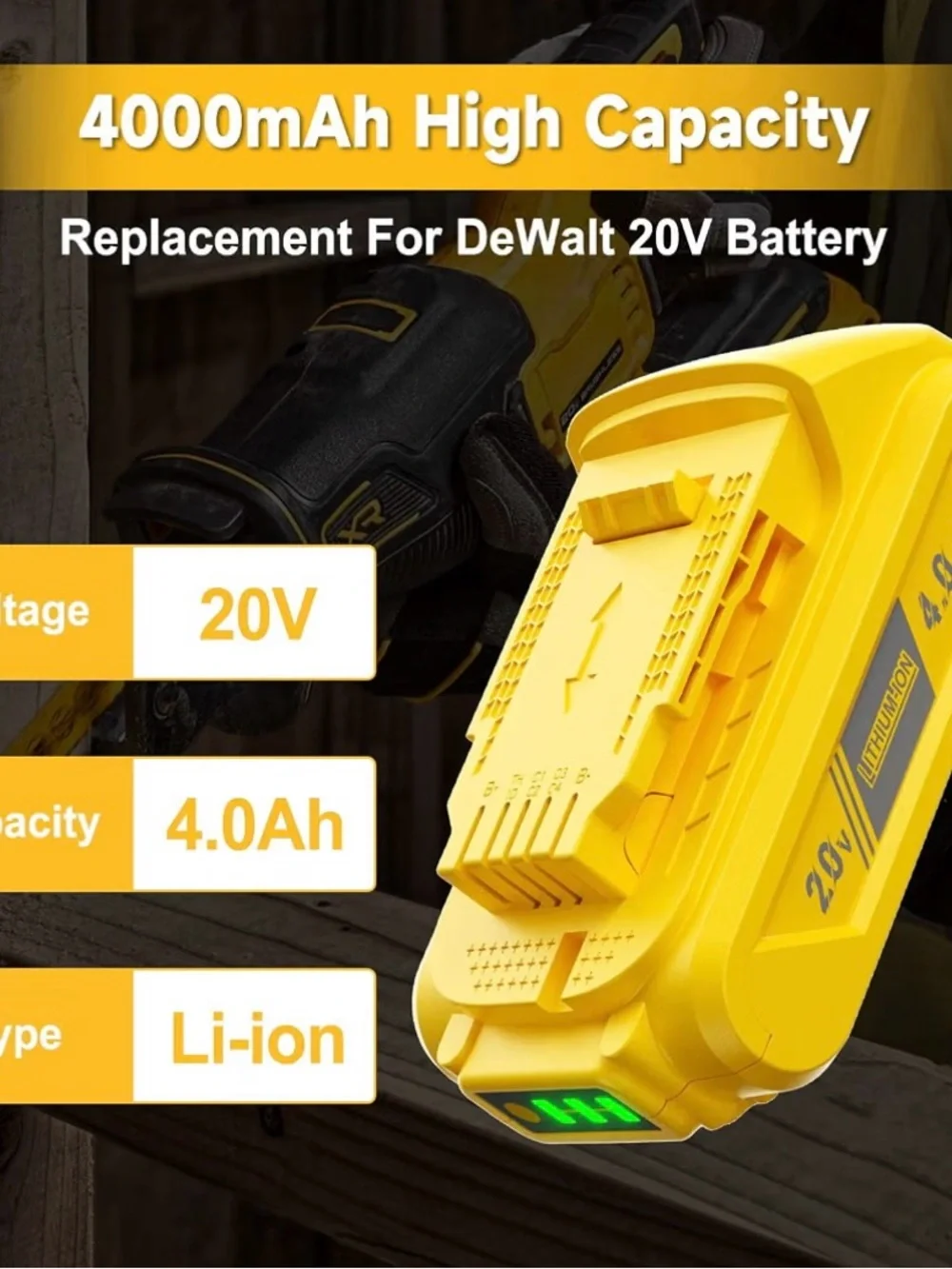 20V Yellow Lithium-Ion 4.0Ah Replacement Battery Pack - fits Dewalt 20V Max